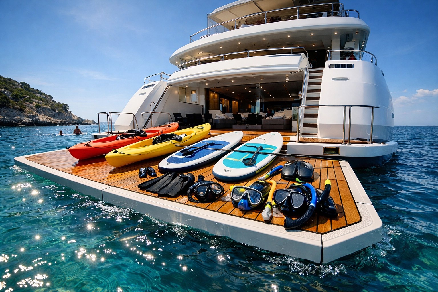 Yacht marina platform with water sports equipment in turquoise waters