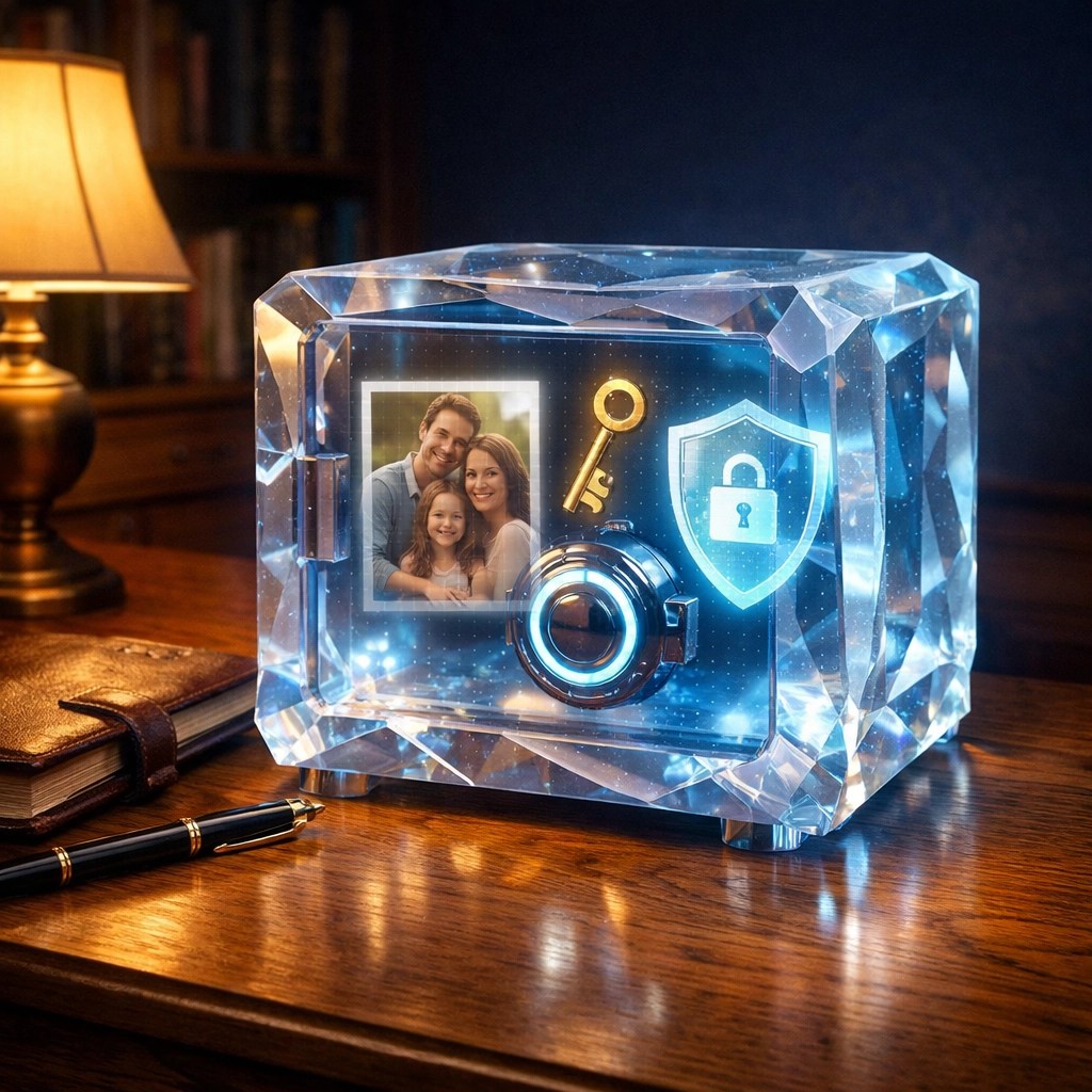 Secure digital vault on a desk representing digital trust services for family legacy protection.