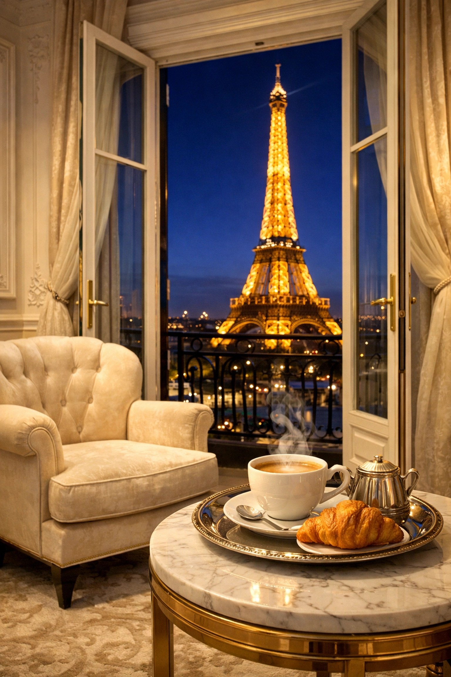 Luxury Paris hotel suite with a private view of the illuminated Eiffel Tower at night.