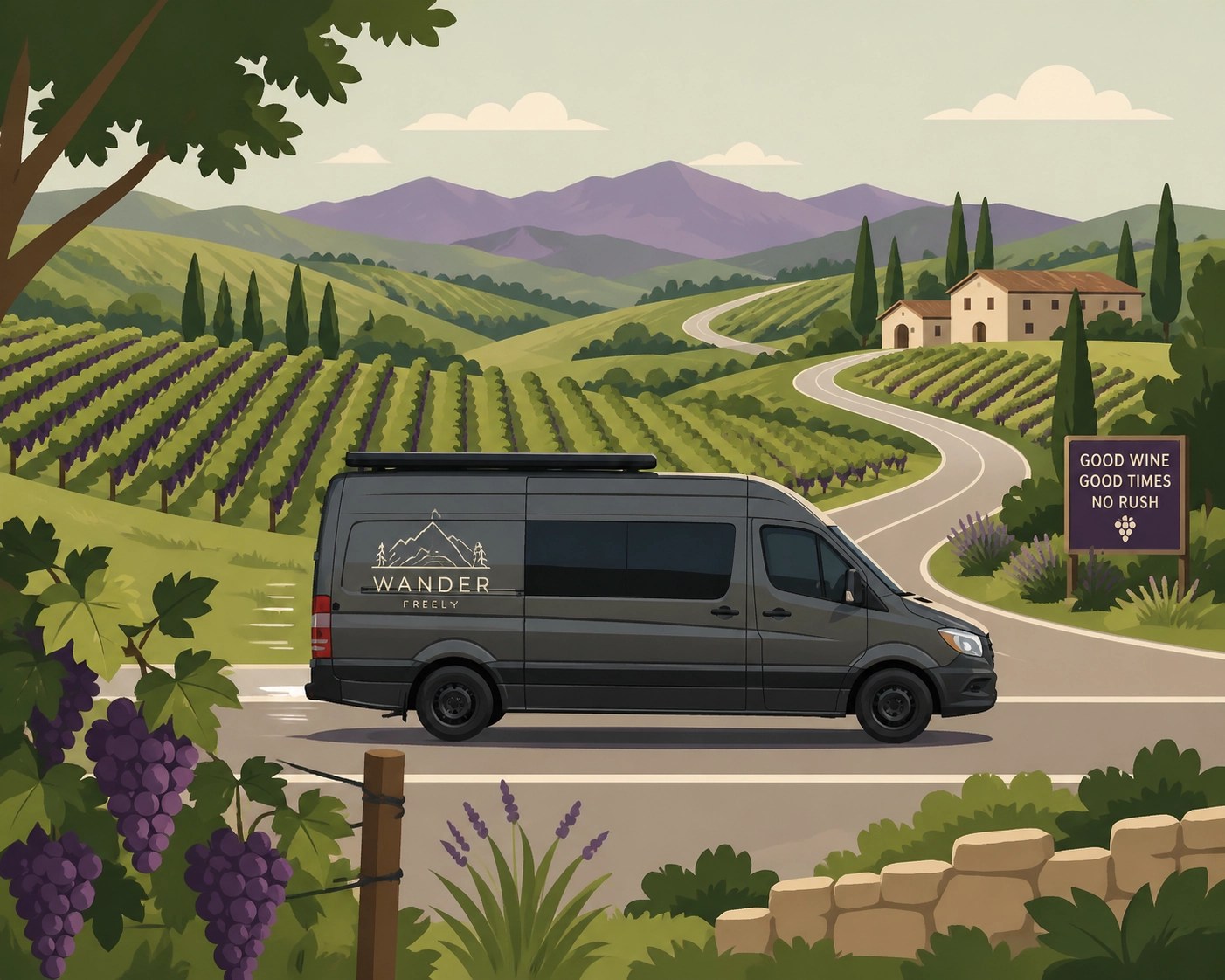 Professional tour transportation van driving through Northern Virginia wine country.