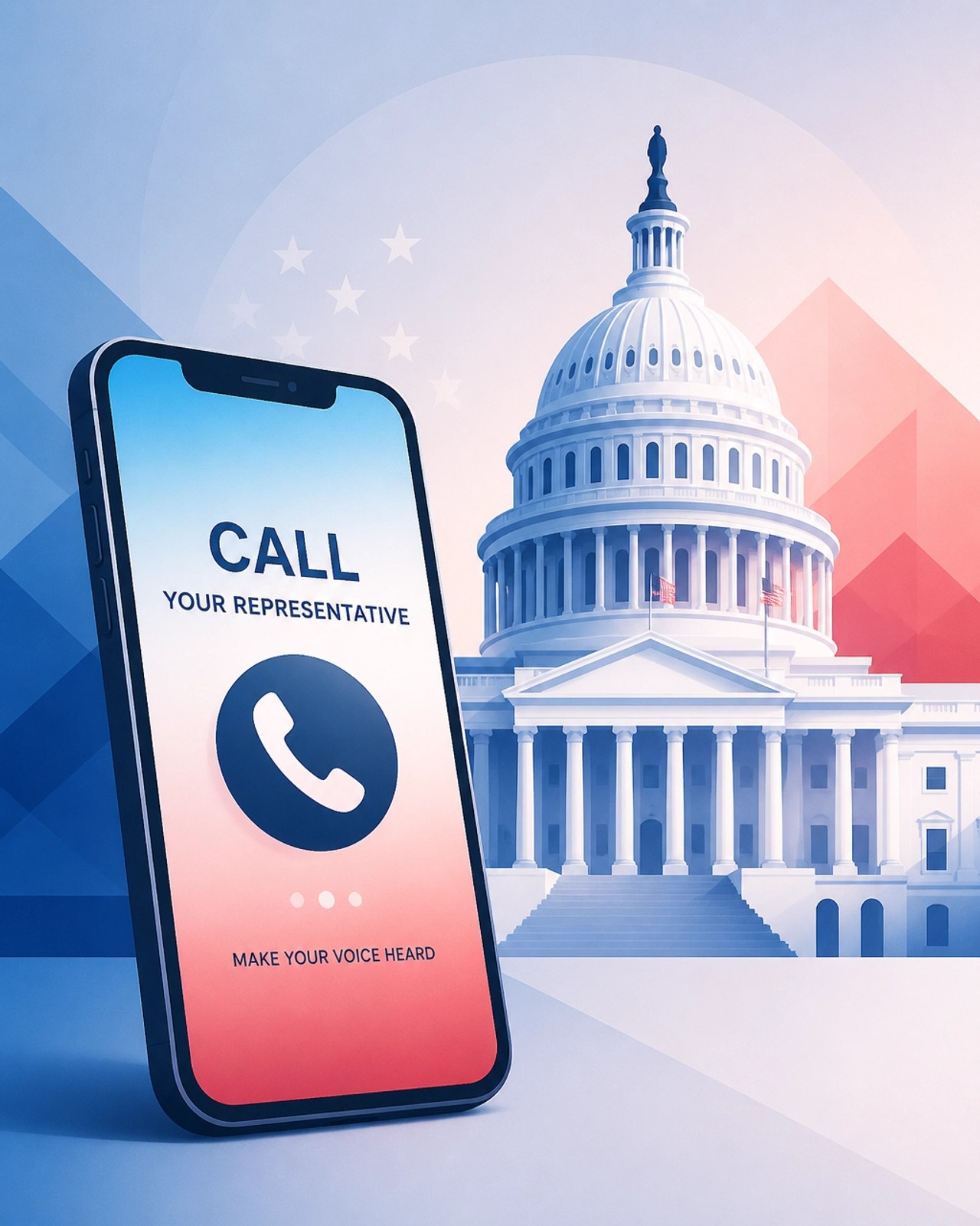 A modern minimalist illustration of a smartphone and a stylized U.S. Capitol, representing the act of calling a government representative.