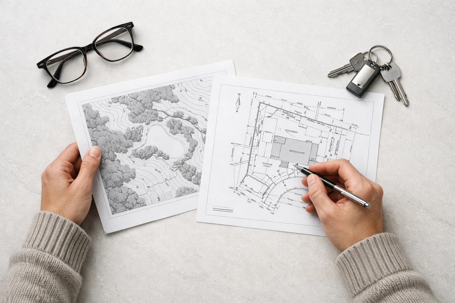 Professional consultant reviewing a property survey and map for a Sonoma County STR permit.