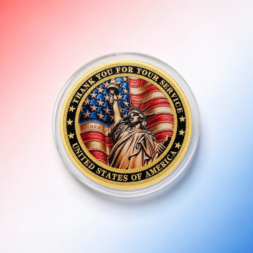 Patriotic challenge coin presented on a red, white, and blue pastel gradient