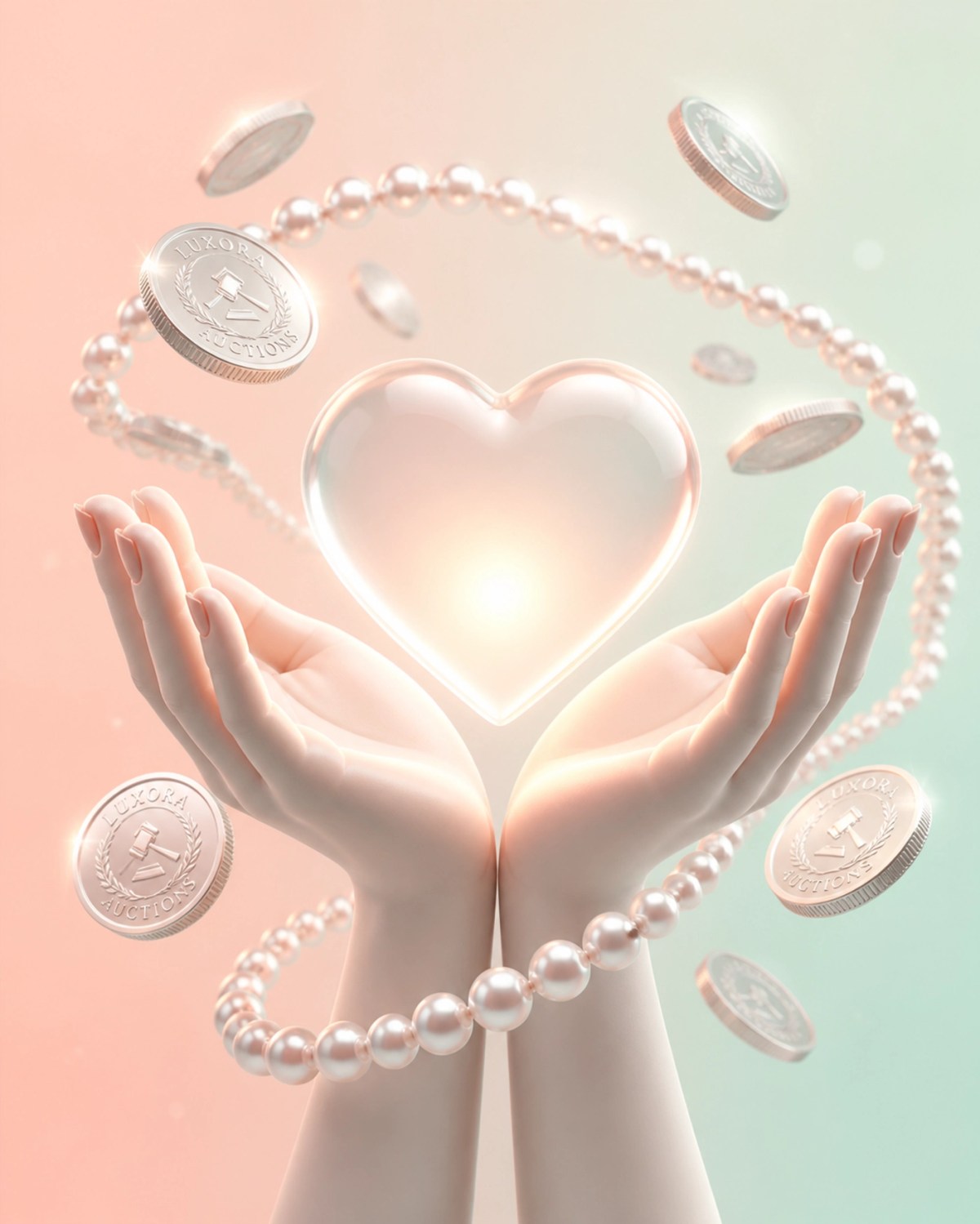 Hands holding a heart with silver coins and pearls representing the Bid to Give charity auction mission.