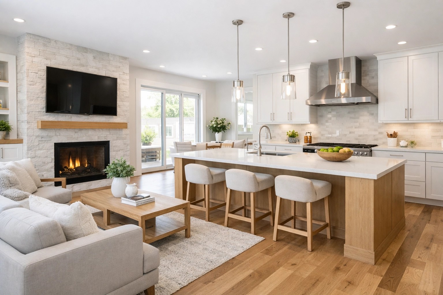 Modern renovated kitchen and living area in a Miami Valley home, showcasing premium real estate investment quality.