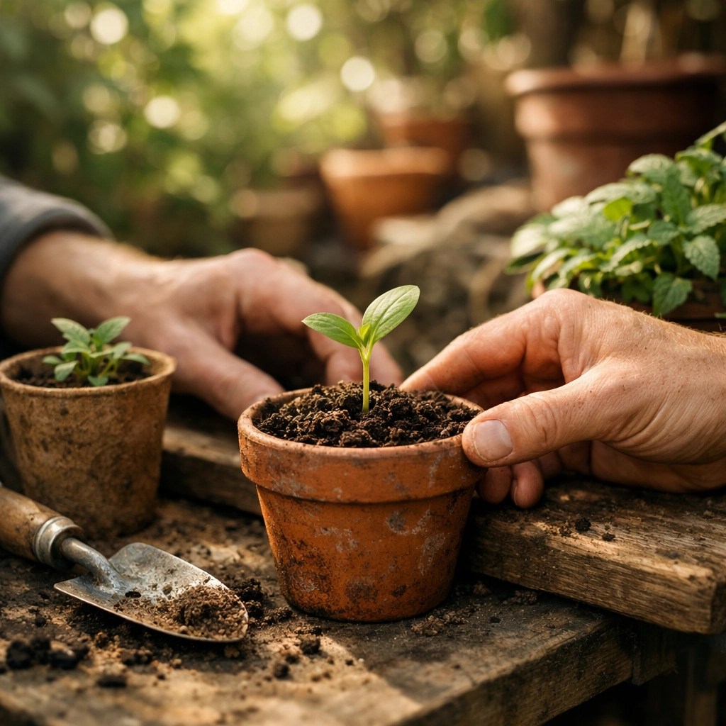 Close-up of hands tending a seedling, representing tax advantaged retirement savings and wealth growth.