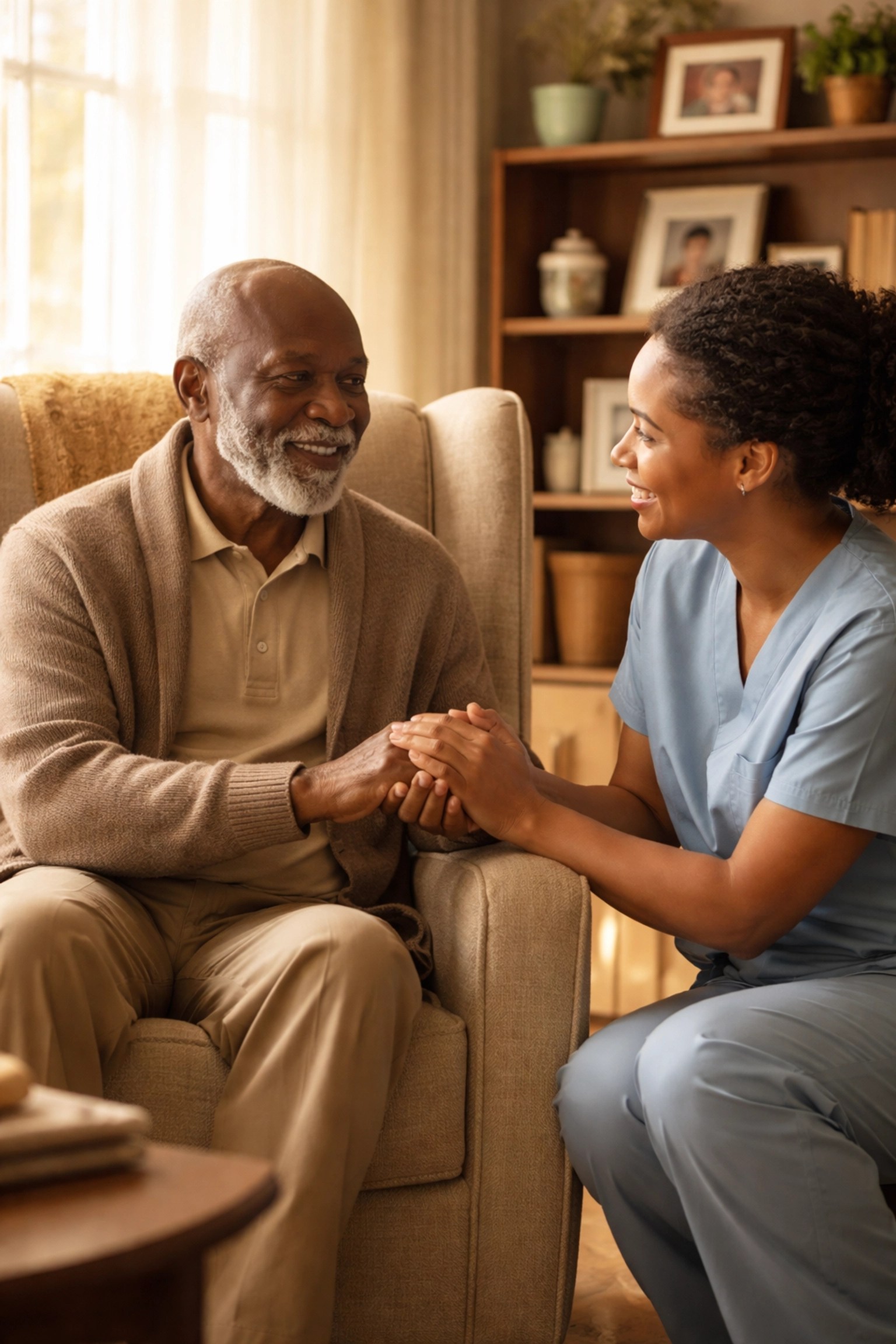 Elderly man and caregiver holding hands warmly in a living room, showcasing personal, companionate home care.