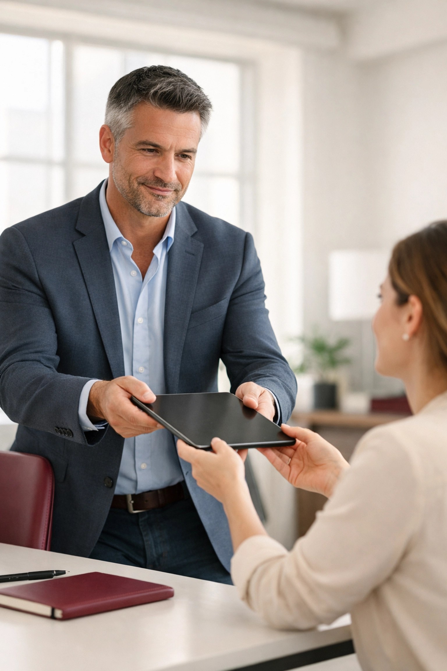 Professional business leader delegating tasks to a team member, illustrating organizational development and trust.