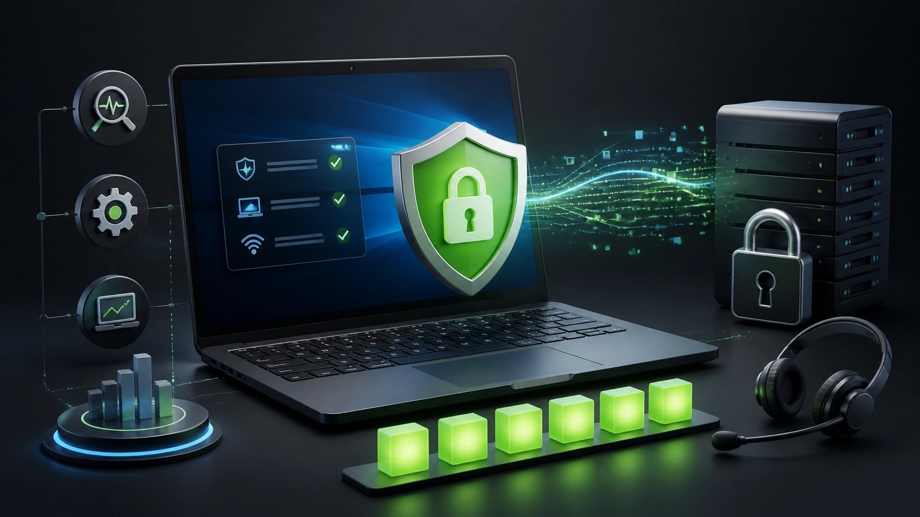 Cybersecurity shield, lock, encrypted data streams, and remote diagnostic icons surrounding a laptop