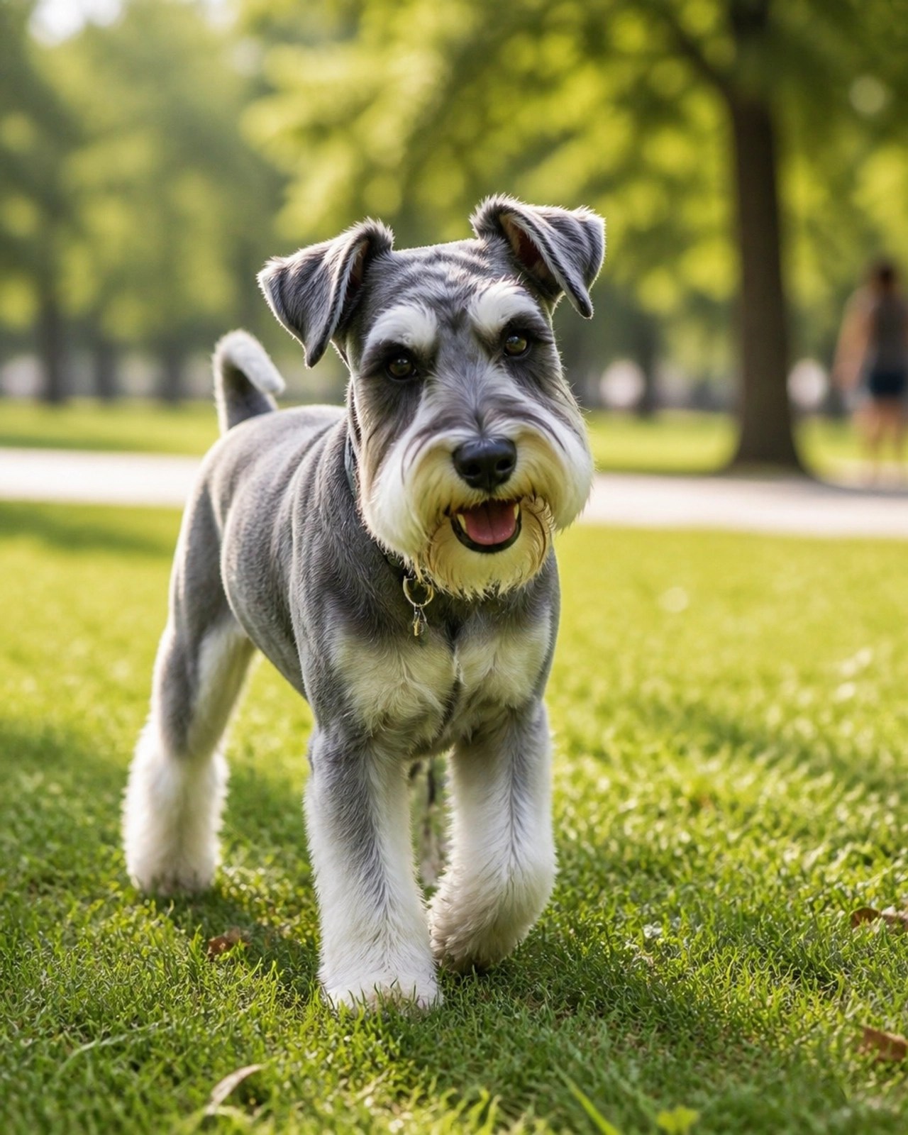 A happy Schnauzer with a sporty summer clip outdoors in a sunny park