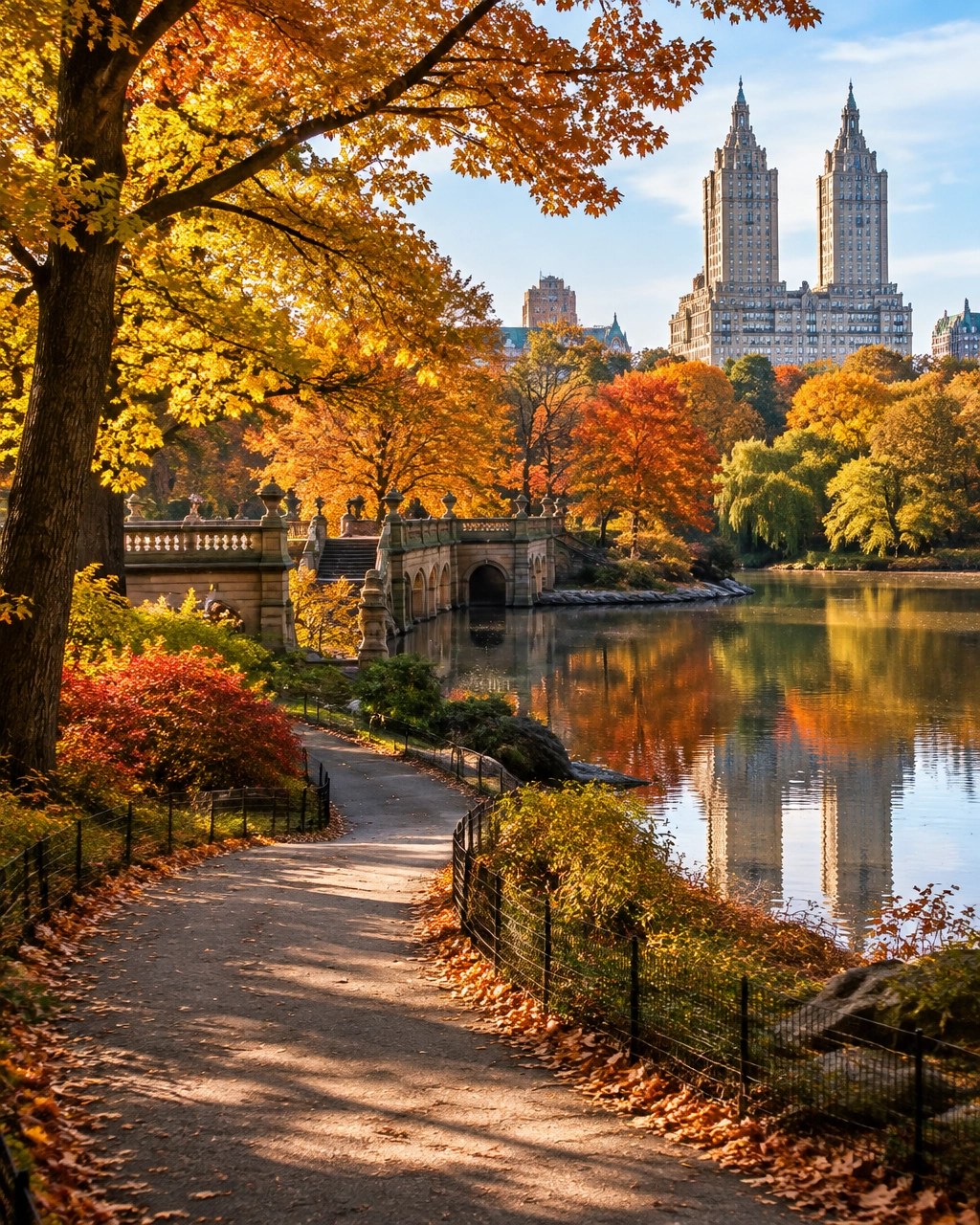 Autumn path and golden foliage in Central Park