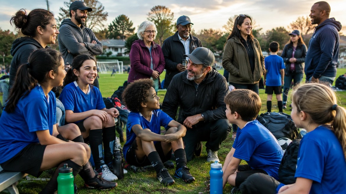 Young athletes, families, volunteers, and a longtime coach gathered together at a neighborhood field after practice