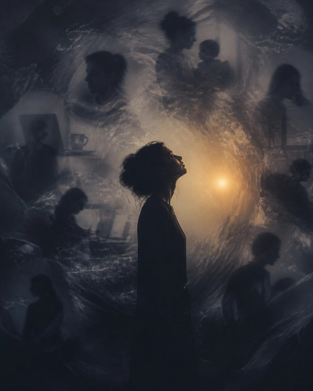 A woman's silhouette surrounded by abstract white noise and shadowy shapes