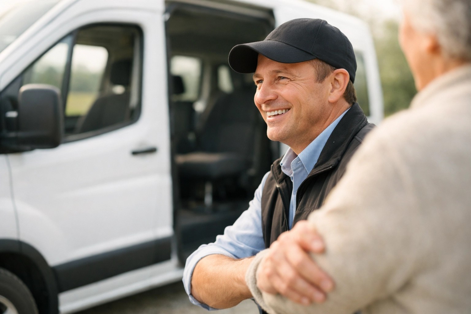 A professional medical transport driver assisting a passenger with care and dignity.