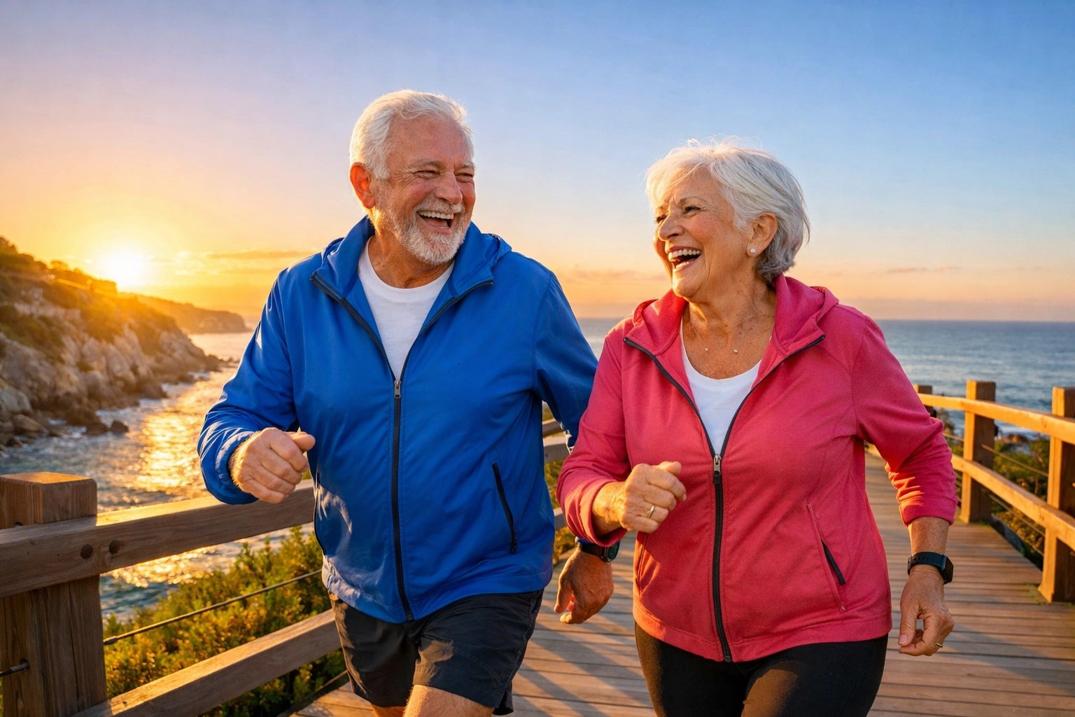 Active senior couple walking on a boardwalk, representing financial security and cash value life insurance.