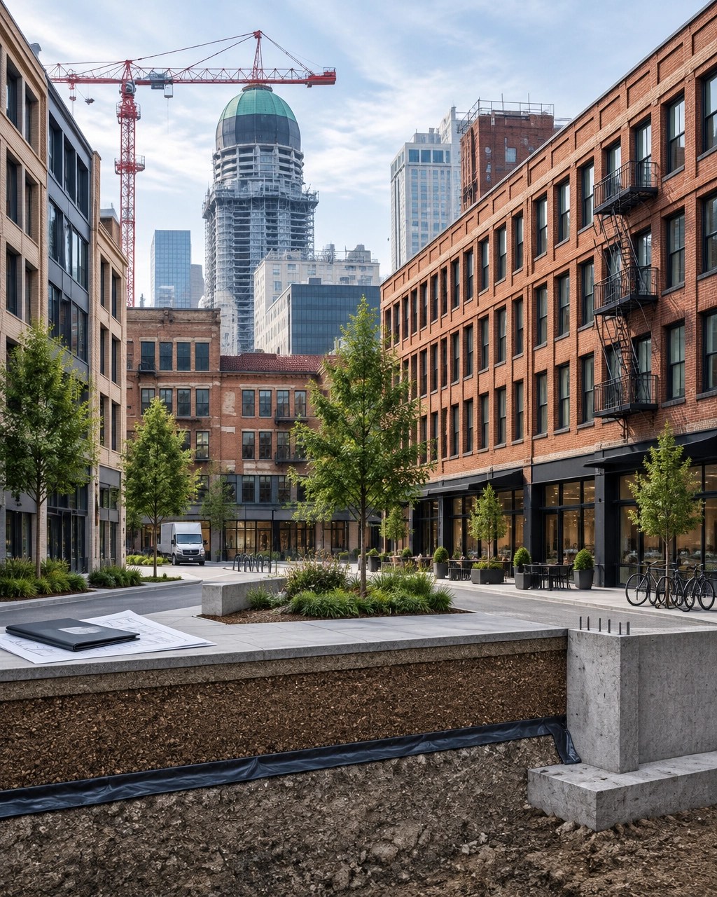 NYC brownfield redevelopment with engineered soil cover and environmental controls shown in a clean technical cutaway