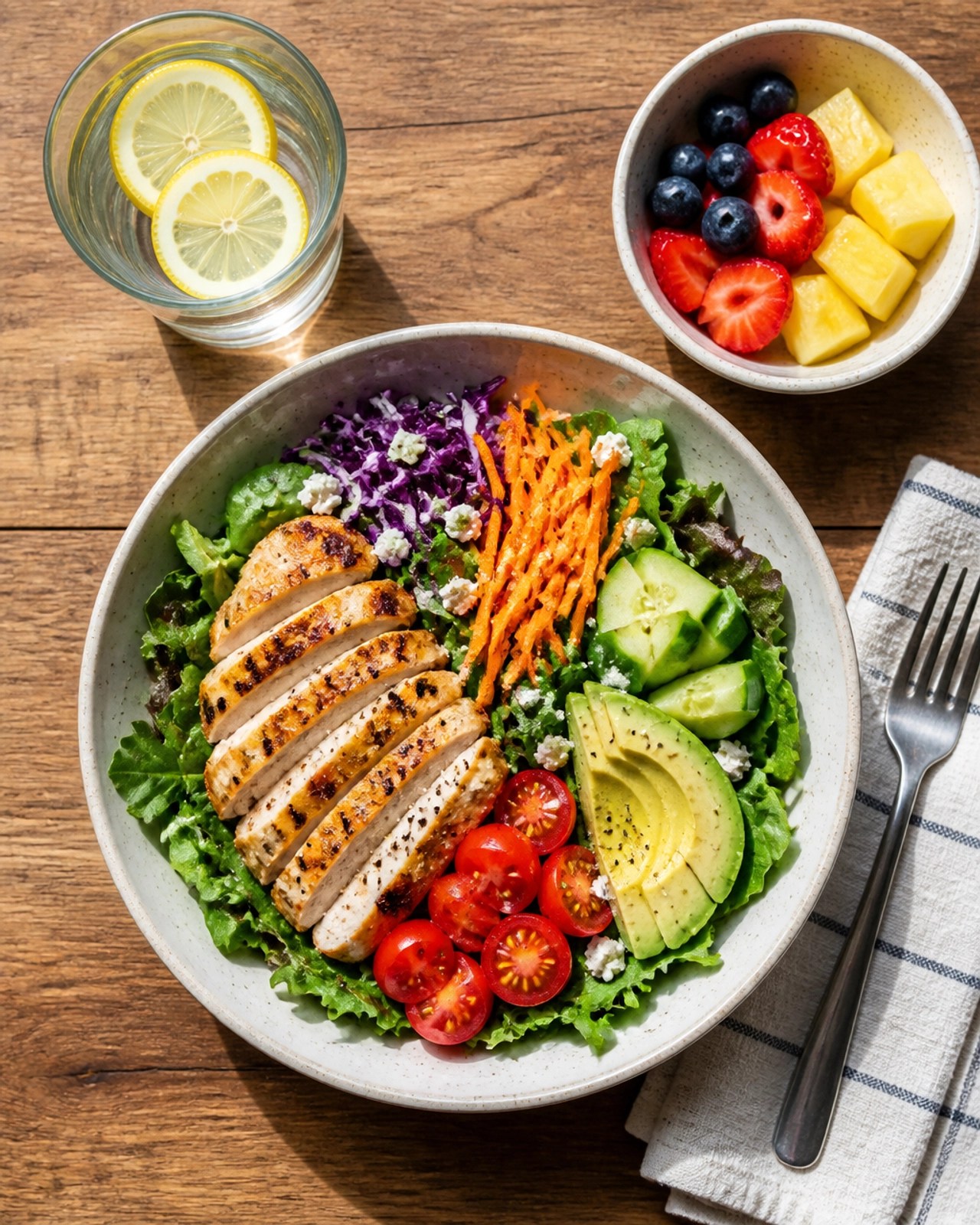 A healthy post-run recovery meal on a wooden table: a bowl of colorful salad with grilled chicken and hydration