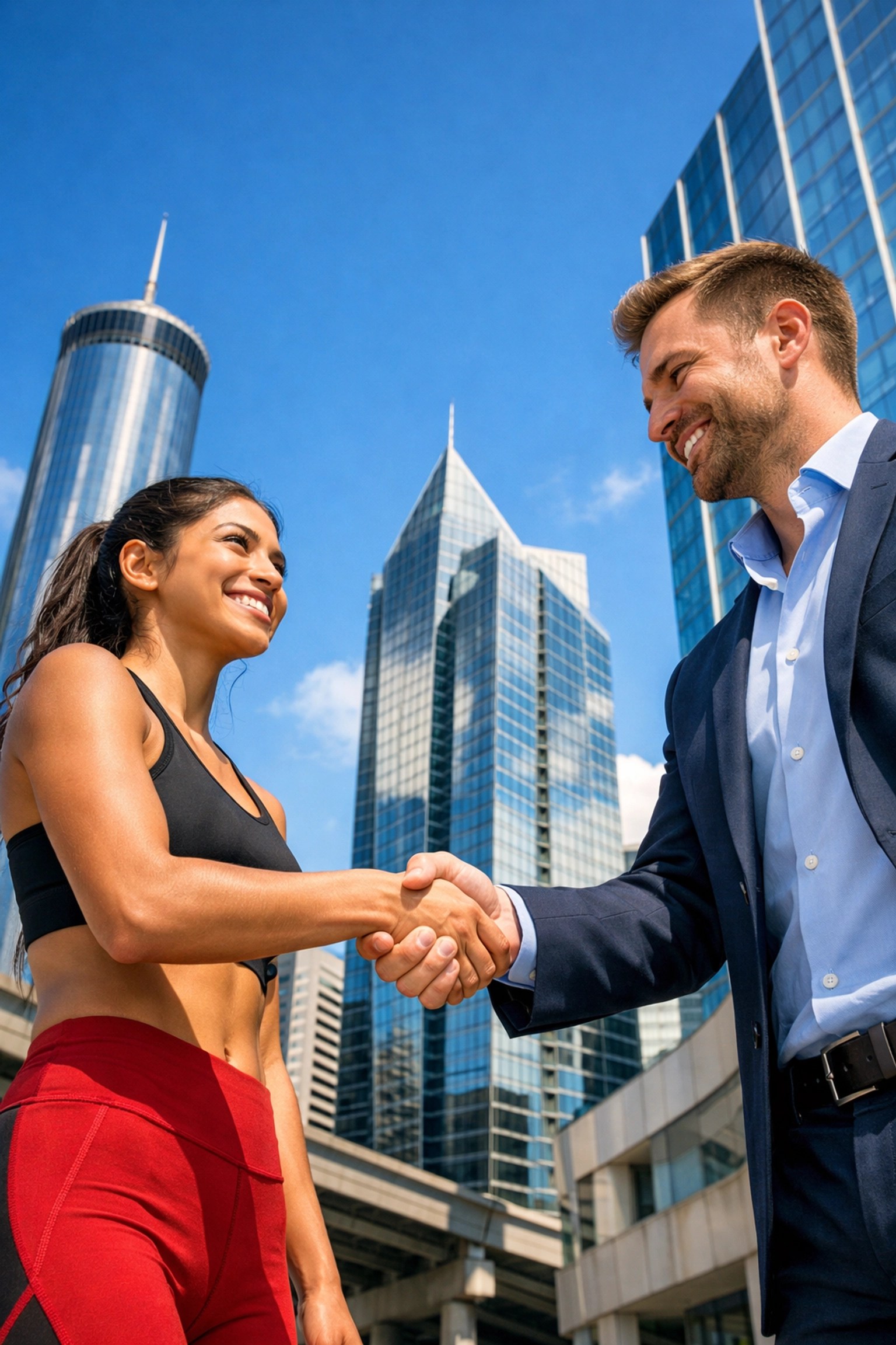 Student athlete and business partner handshake in Atlanta for NIL deal