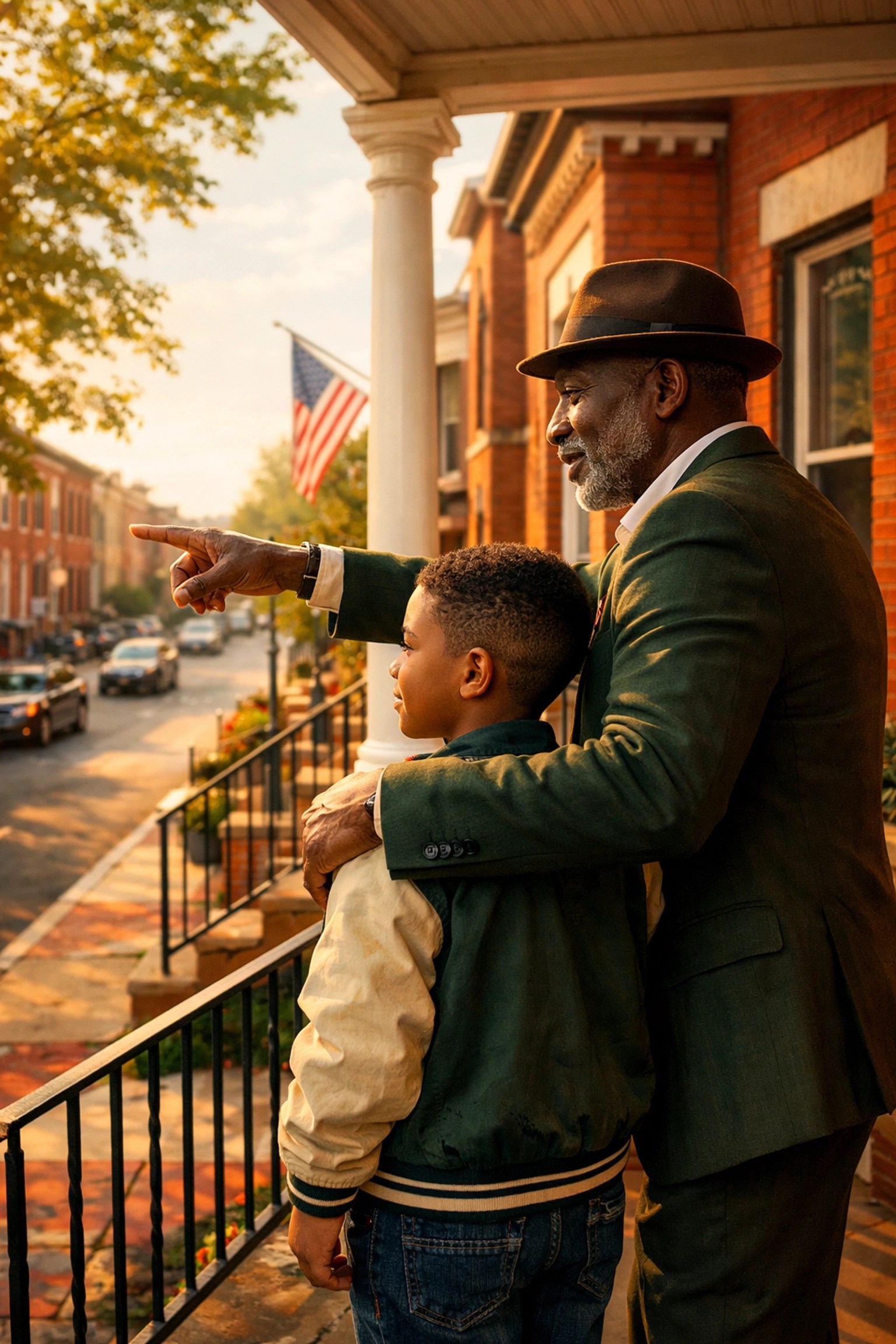 Family on a classic Baltimore red-brick townhouse porch symbolizing long-term real estate legacy and wealth.