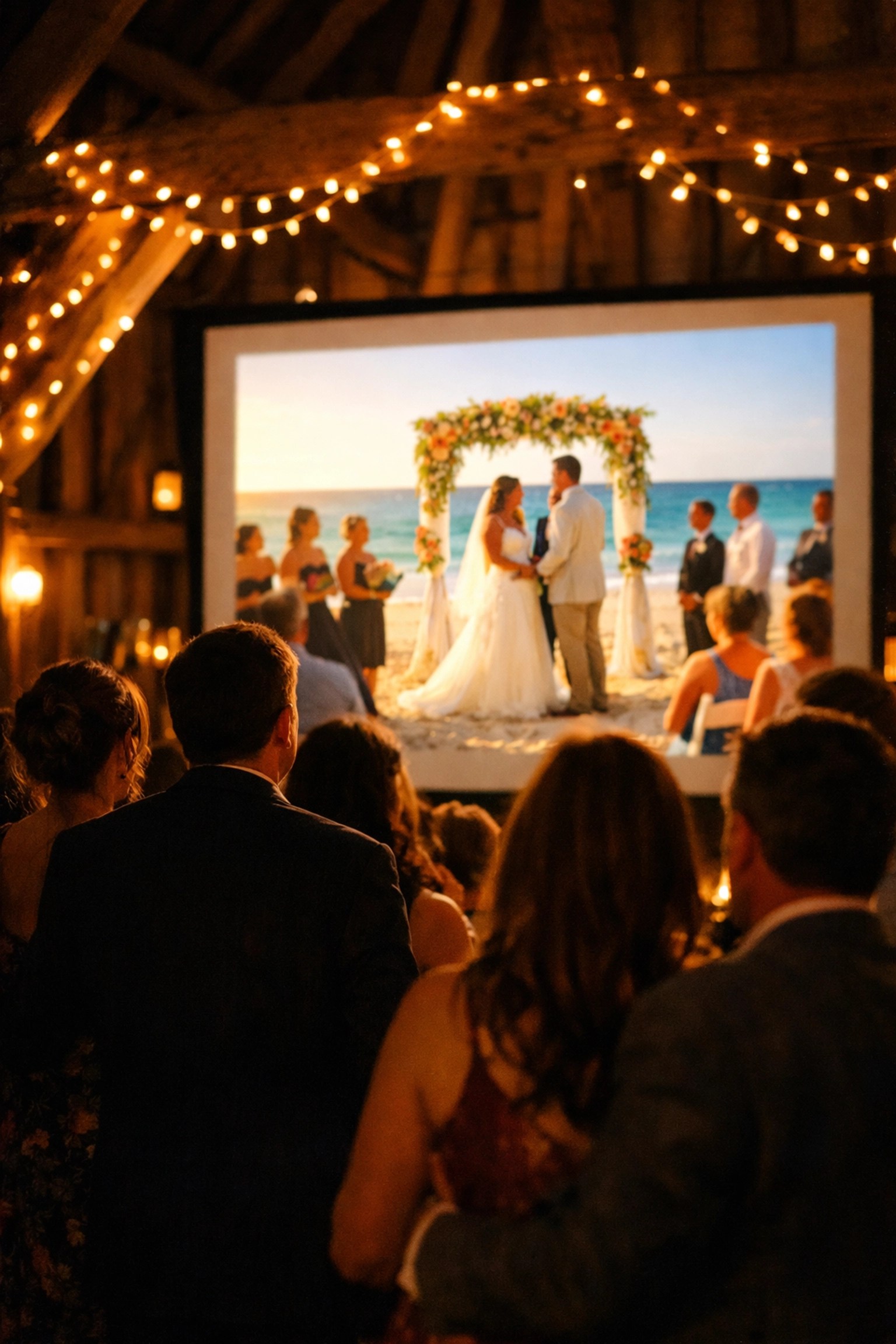 Wedding guests at a Kent barn reception watching a film of the couple's destination ceremony.