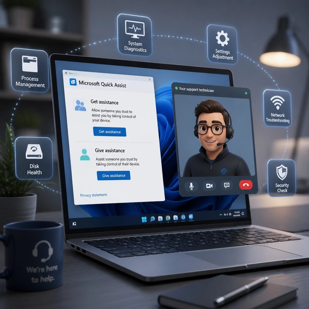 3D digital illustration of a remote IT support session with Microsoft Quick Assist
