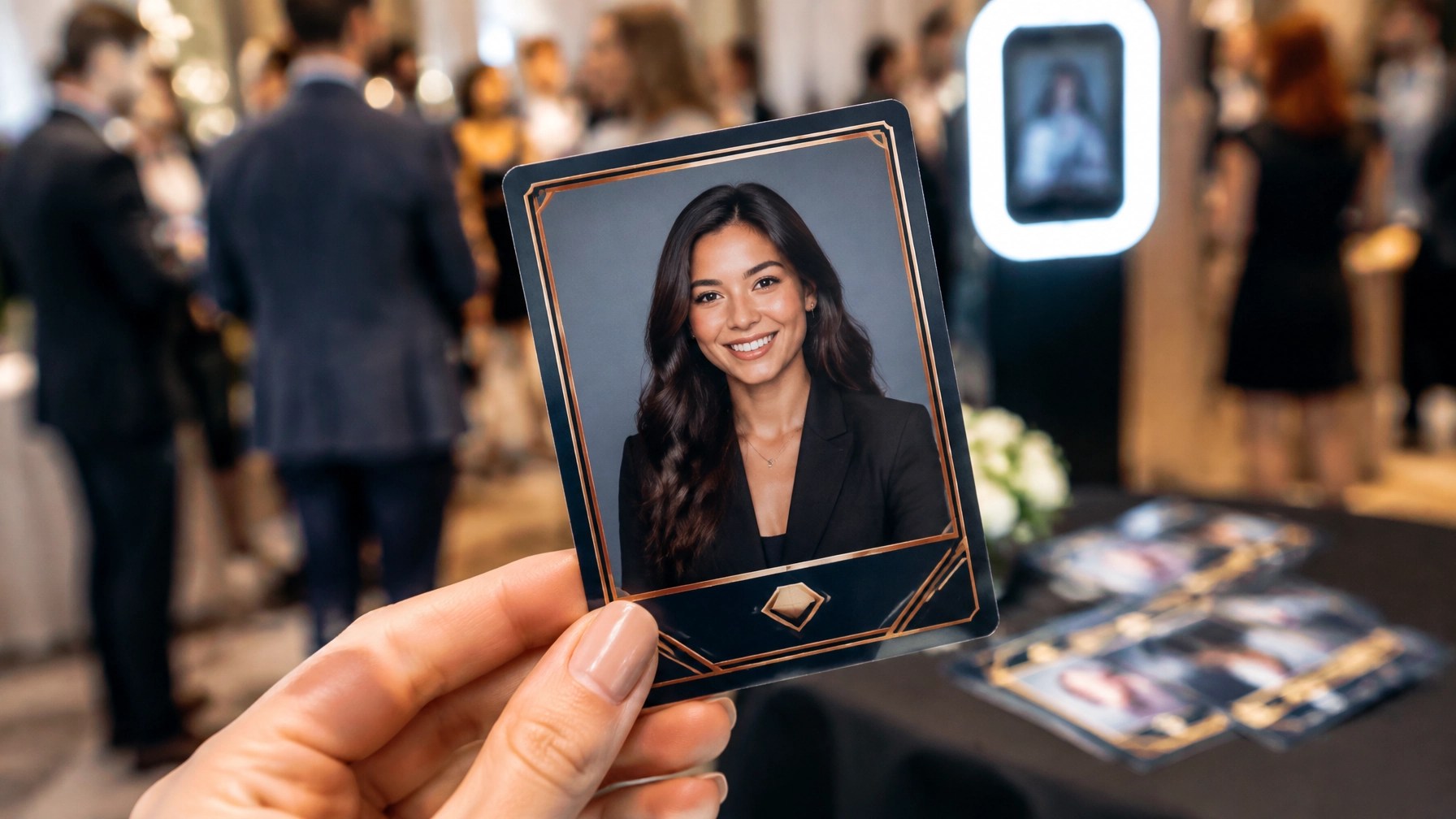 How to Turn Your Corporate Holiday Party Into the Event Everyone’s Talking About in January 6 Custom trading card photo booth keepsake for a branded event