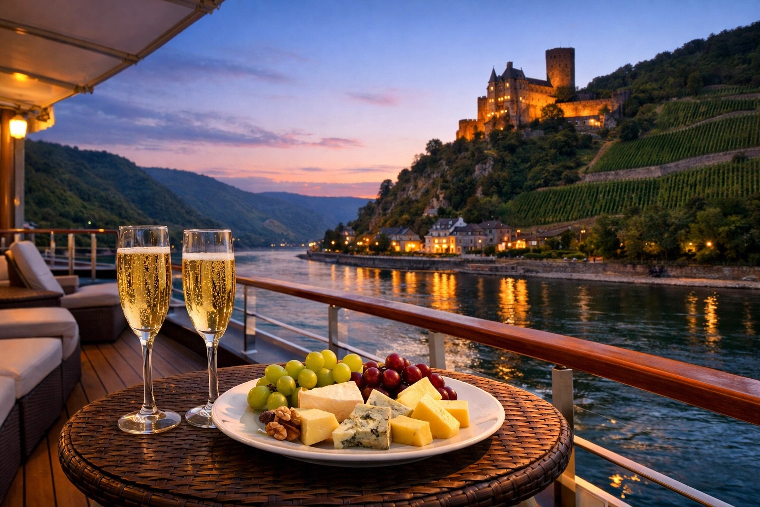 River cruise deck with wine and cheese overlooking Rhine vineyards and castle at twilight