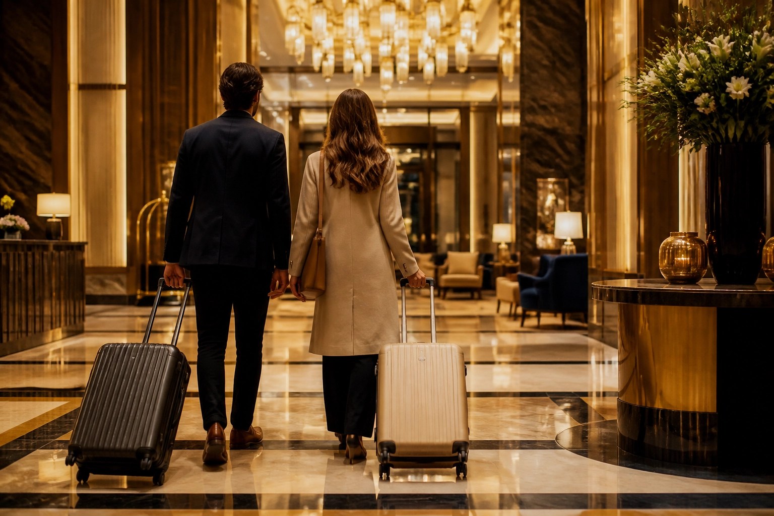 Luxury hotel lobby scene with travelers shown from behind and no visible faces.