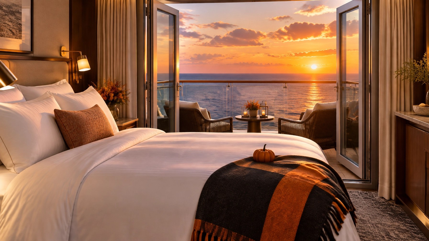 Serene luxury cruise cabin with balcony doors open to an autumn ocean view and tasteful seasonal accents