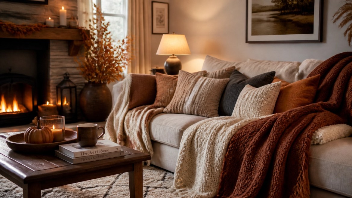 A warm living room with thick wool blankets, textured pillows, and a soft area rug