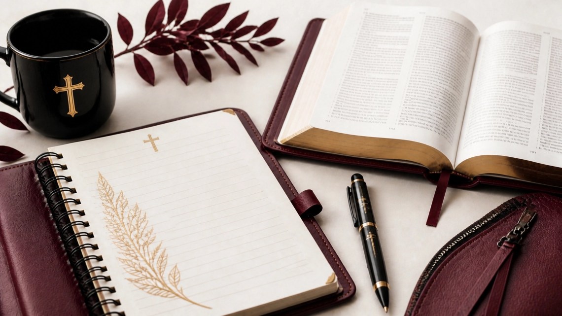 An open Bible and faith journal styled in a luxury editorial palette with rich wine burgundy leather, soft black accents, smooth black hardware, and restrained antique gold detailing