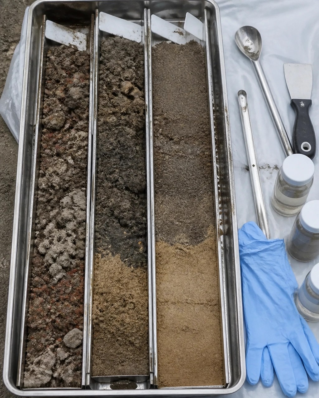 Close-up of layered soil cores, stainless steel sampling tools, and sealed laboratory vials