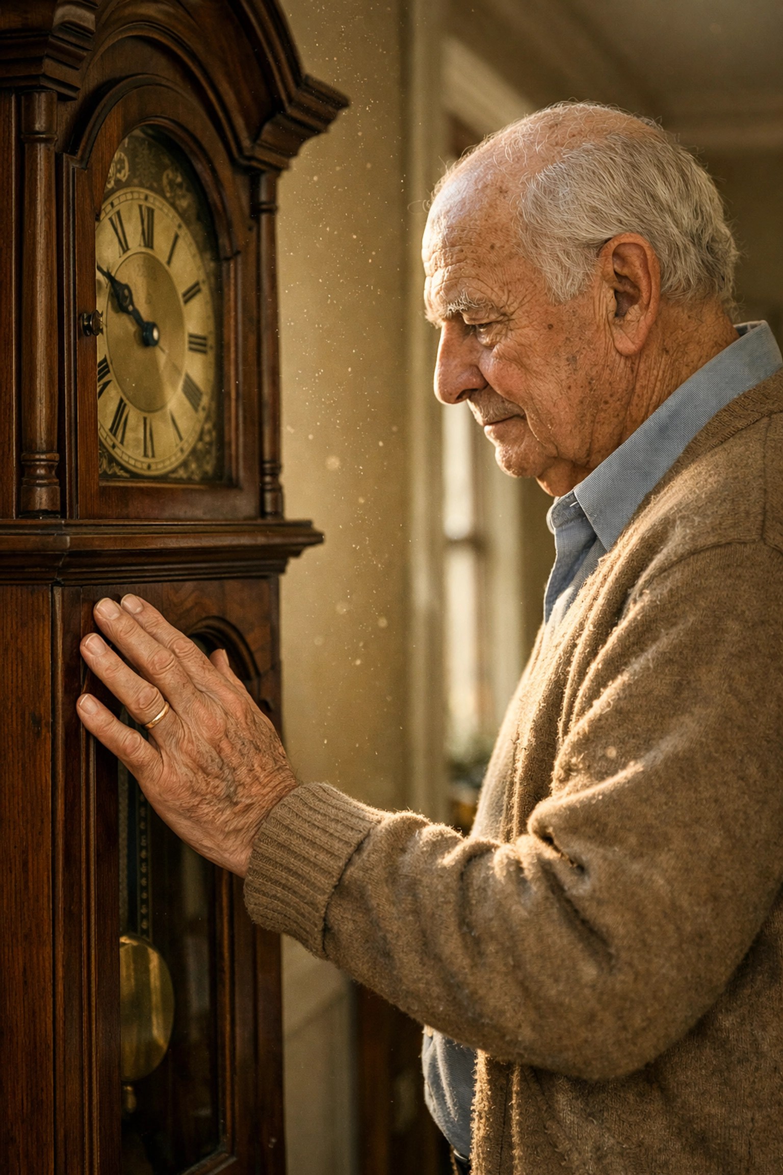 Elderly man by a grandfather clock, representing a long-term IUL retirement plan.