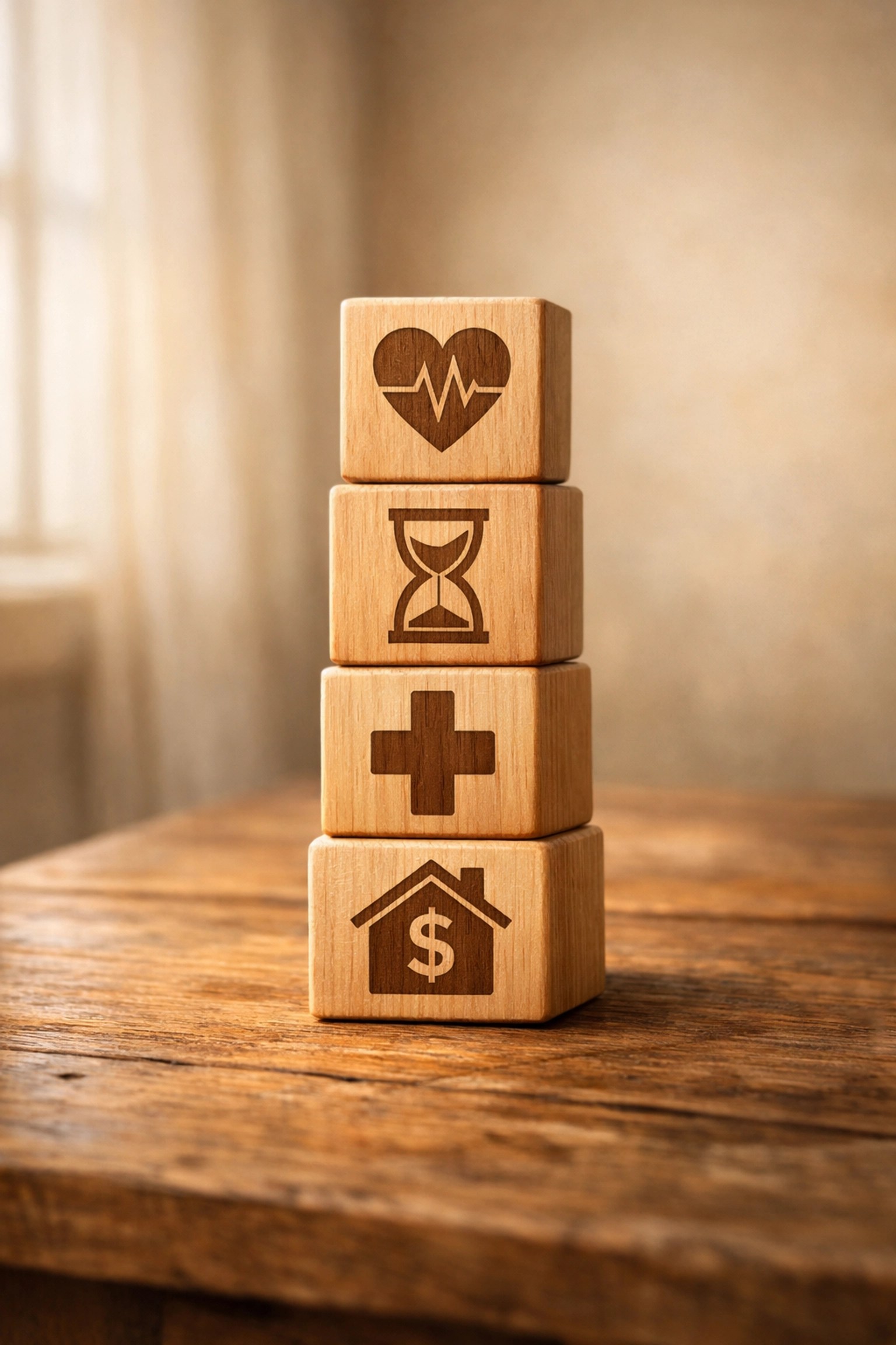 Four stacked blocks showing retirement insurance risks: death, longevity, health care, and estate costs