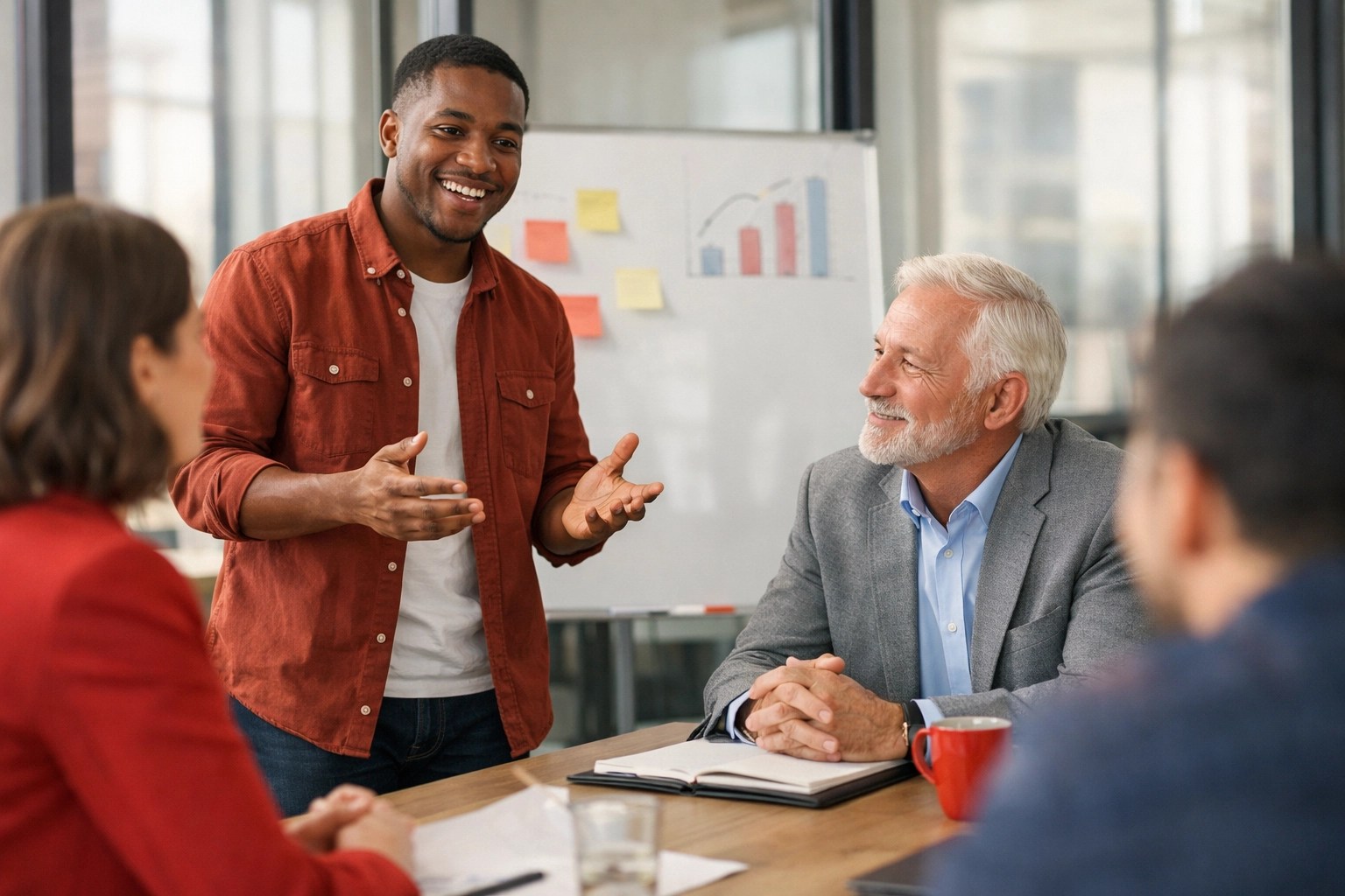 Collaborative team meeting where a leader listens to employee feedback to boost engagement and avoid micromanagement.