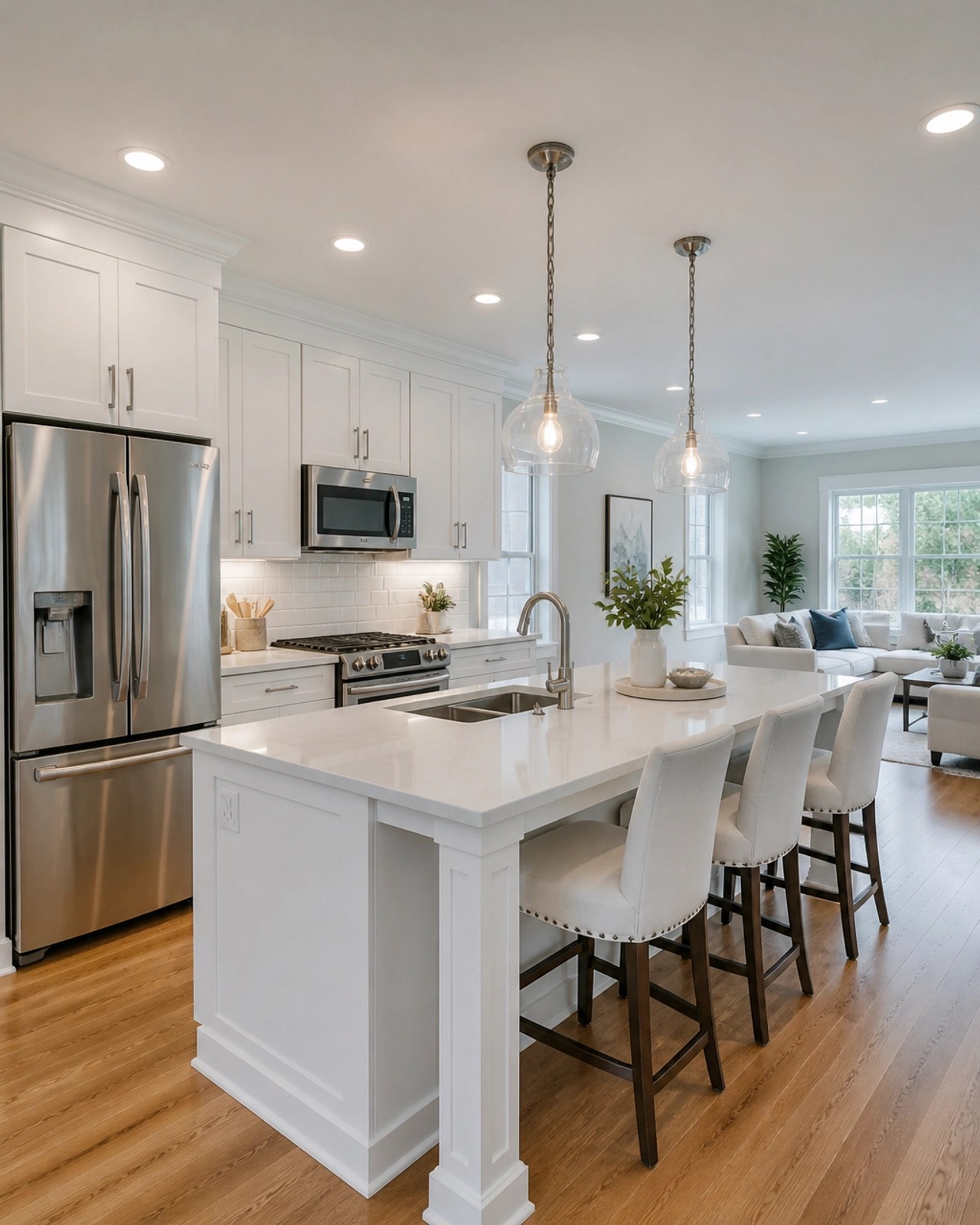 A professional interior photograph of a renovated, modern kitchen in a Montgomery County home