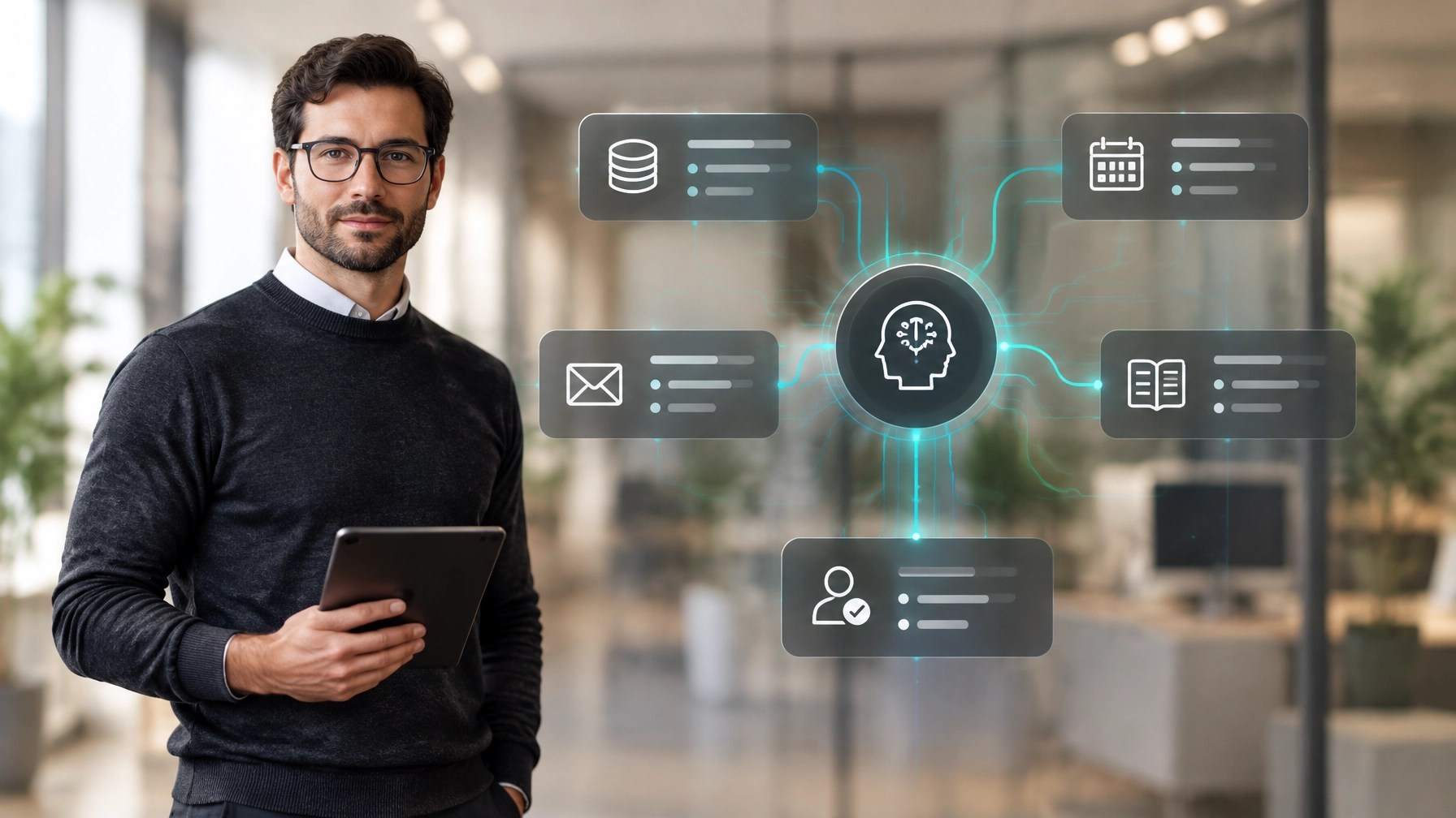 Technical architect designing an AI employee integration across business systems and human approval points