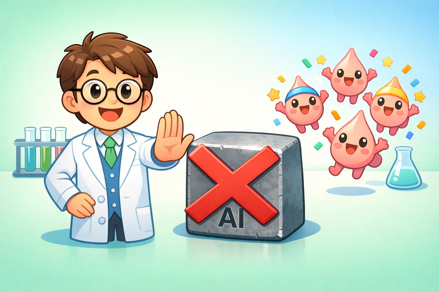 Cartoon chemist rejecting aluminum salts for healthy, toxin-free skin with natural deodorant.