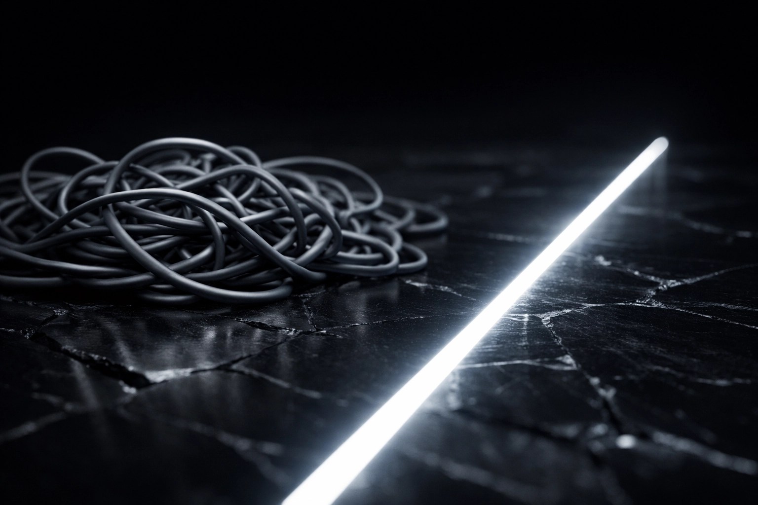 Streamlined convention over configuration path contrasted with cluttered custom development bloat.