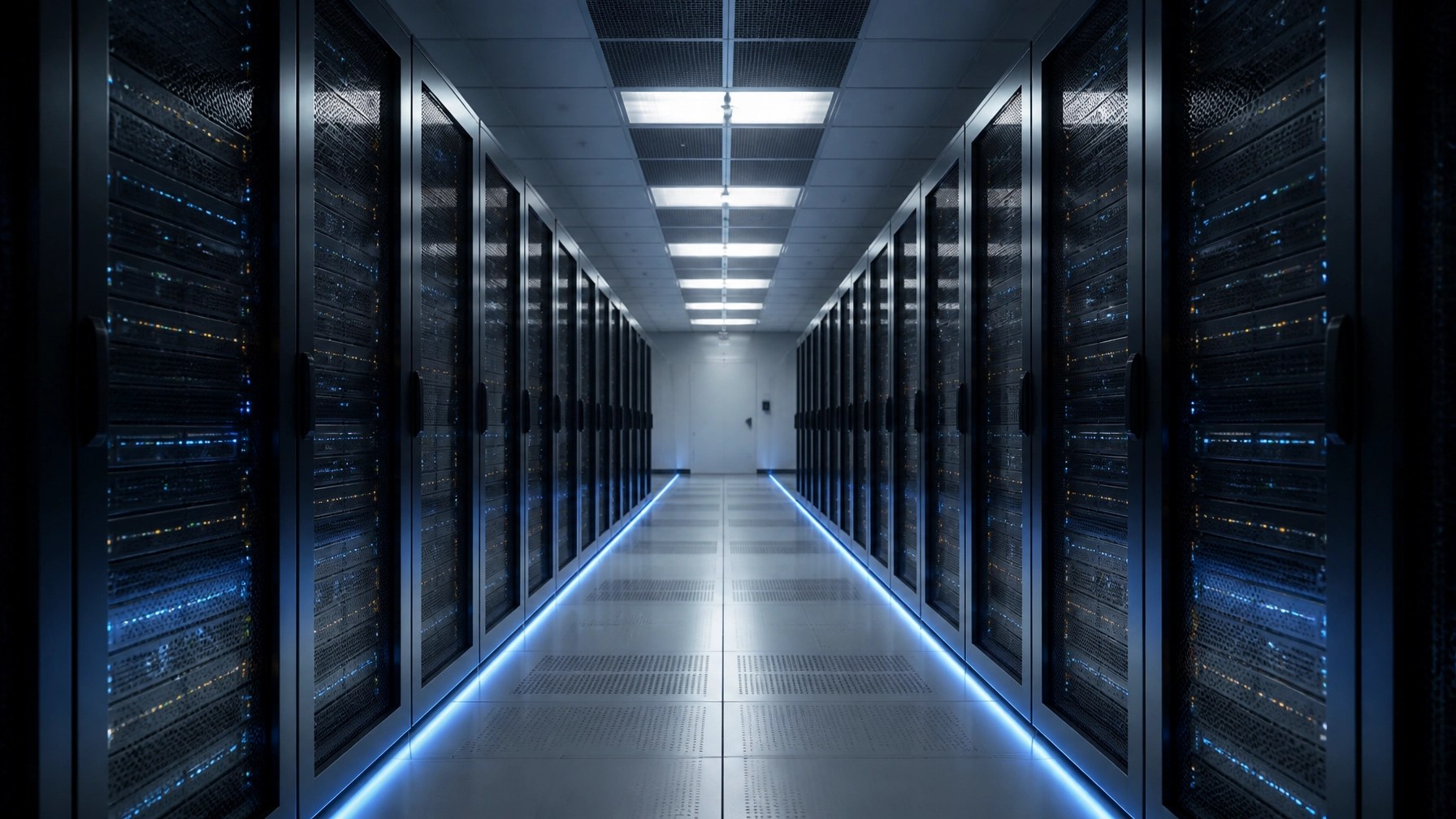 A clinical, architectural view of a modern data centre representing stability and reliability