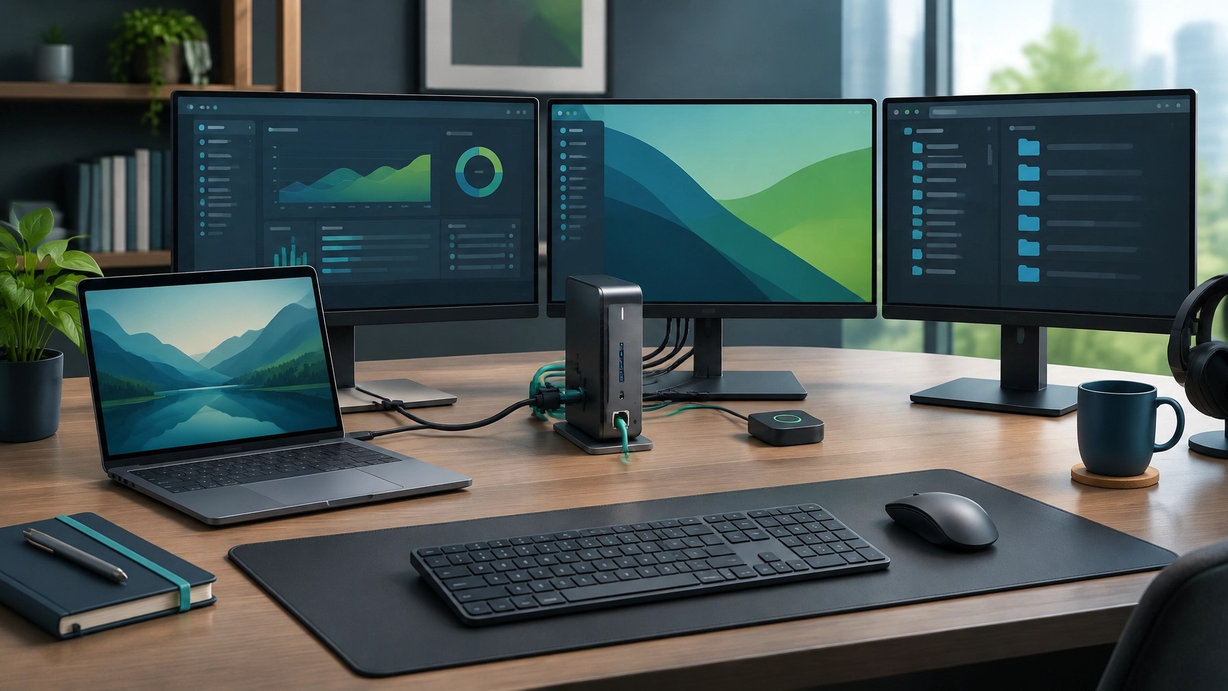 Illustration of a tidy multi-monitor workstation with an upright dock and organized cables