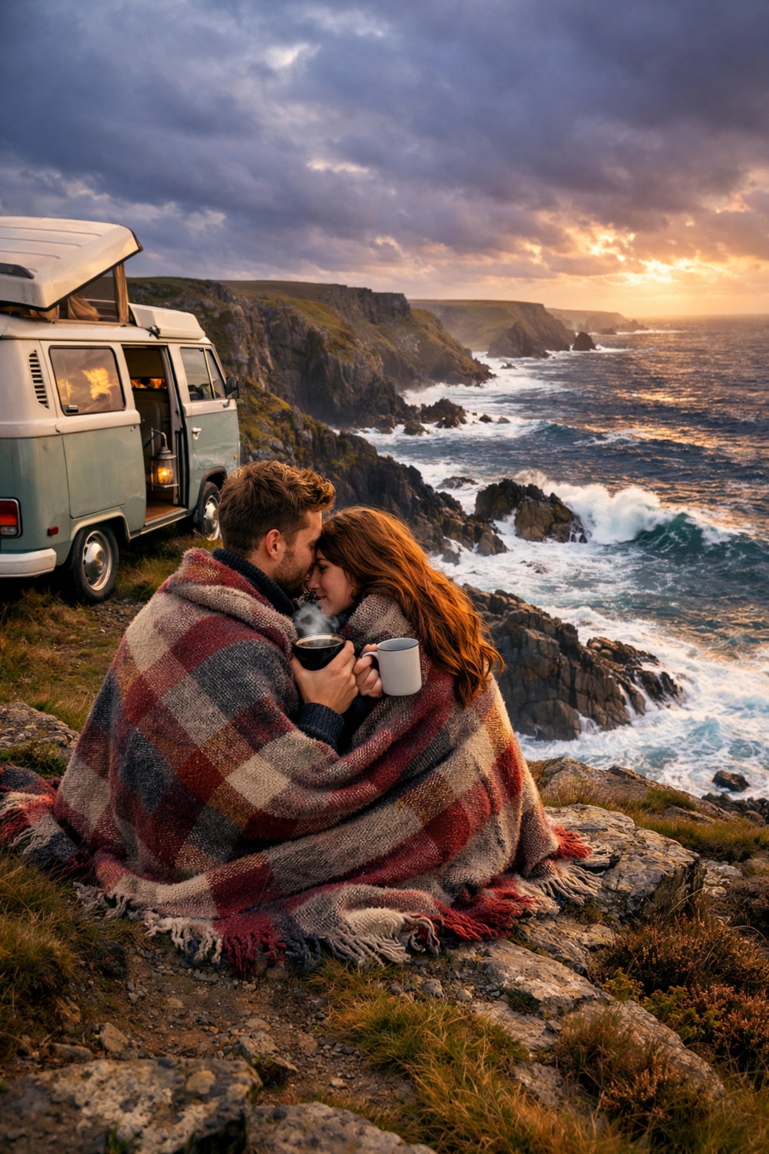 Couple enjoying scenic UK clifftop view with camper van - budget honeymoon in Britain