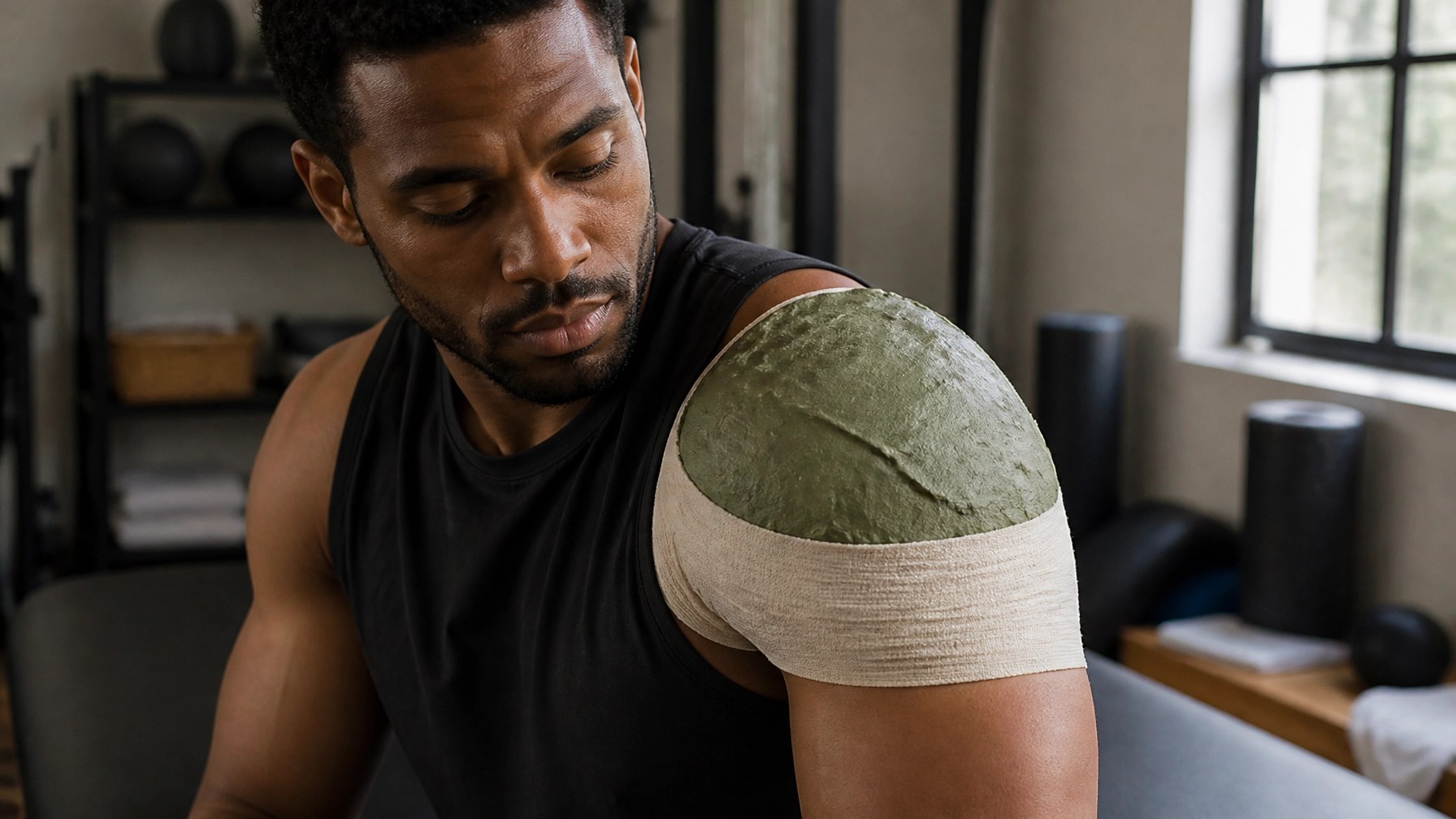 Athlete with a clay poultice on their shoulder