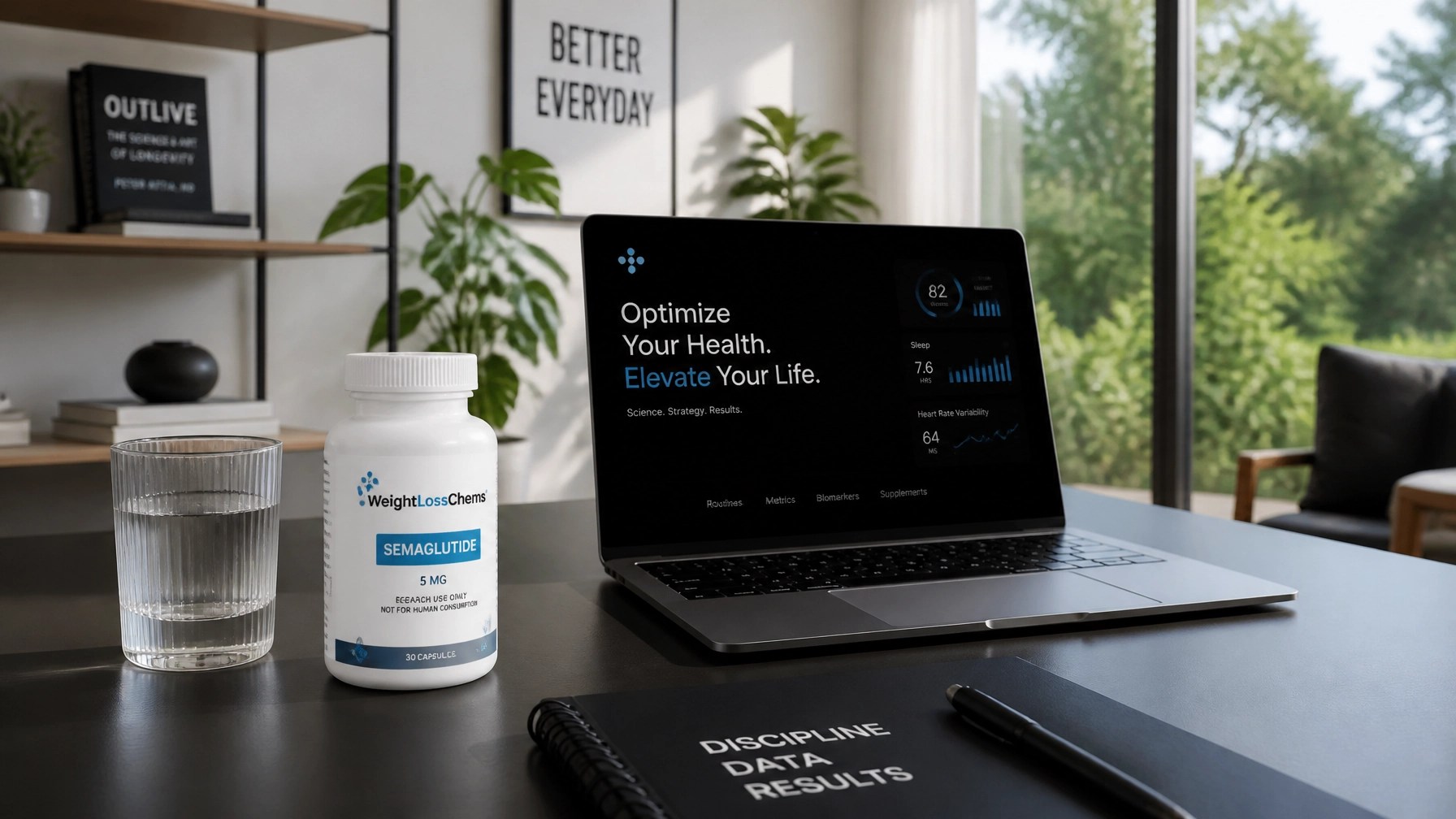Biohacker lifestyle desk with WeightLossChems products