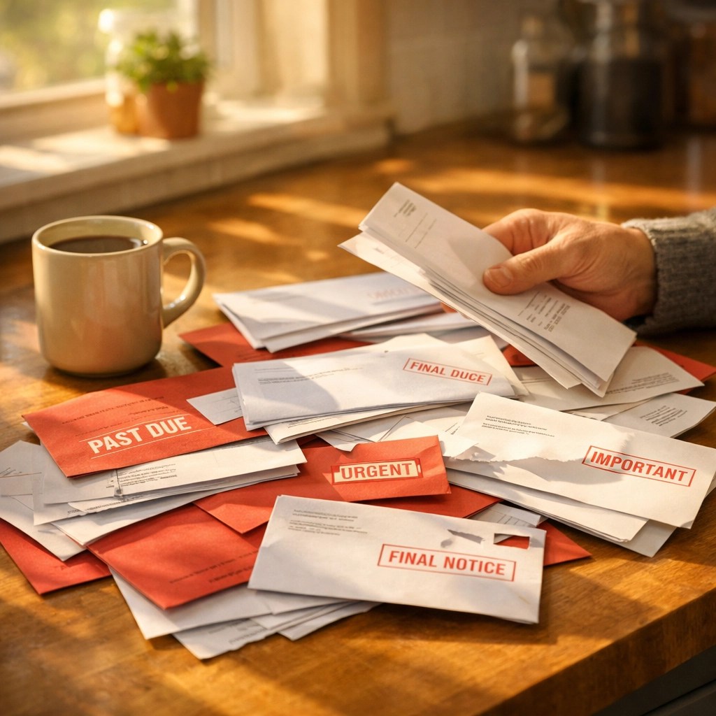 Homeowner sorting through mortgage protection insurance mail on kitchen counter