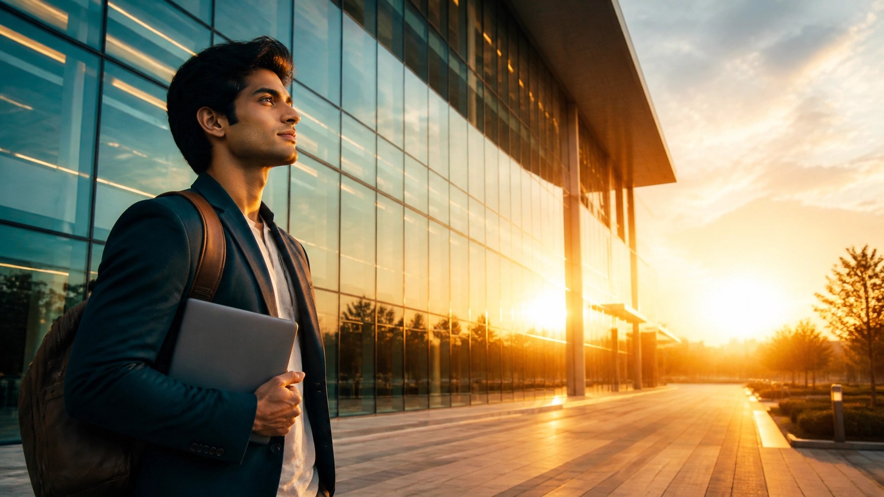 A student standing confidently against a modern building facade reflecting a sunrise, representing professional presence.