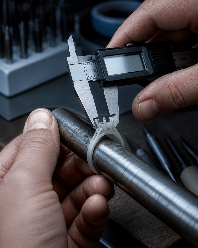 A professional jeweler measuring a 3D-printed ring sample with digital calipers on a ring mandrel