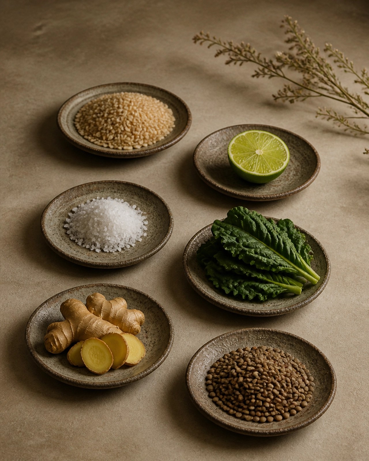 An artistic still-life arrangement representing the six tastes of Ayurveda on individual ceramic plates.