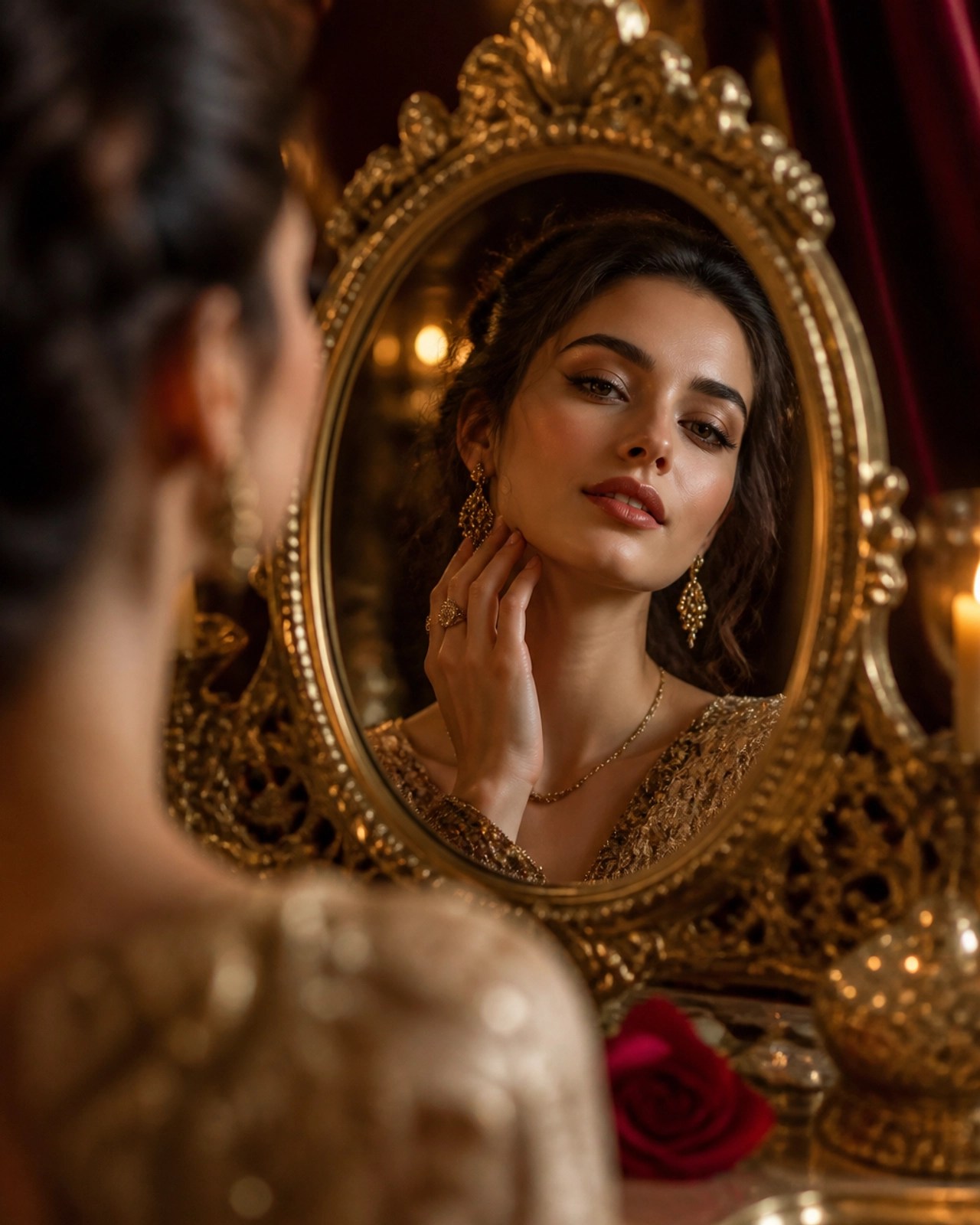 A close-up of a woman looking into an ornate gold mirror with deep self-love, practicing the ritual of being seen and activating her divine magnetism.