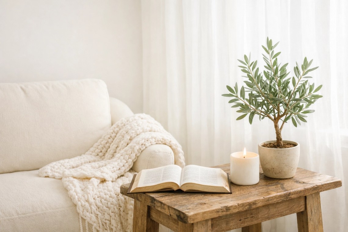 Minimalist stillness nook with an open Bible and candle, creating a peaceful space for using a prayer journal.